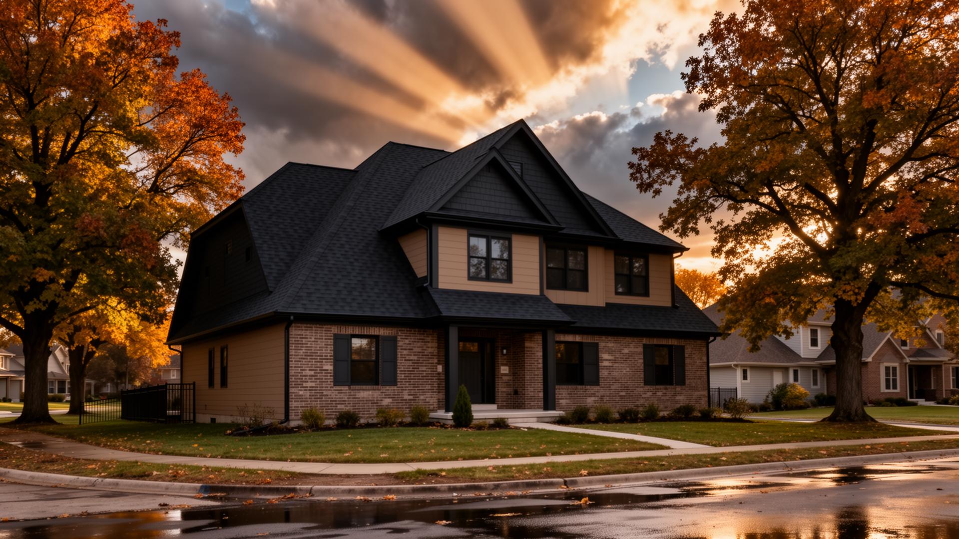 Mokena, IL home with a new charcoal architectural asphalt shingle roof at golden hour